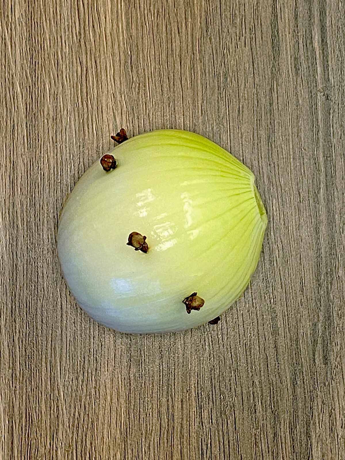 An onion with cloves pushed into it.
