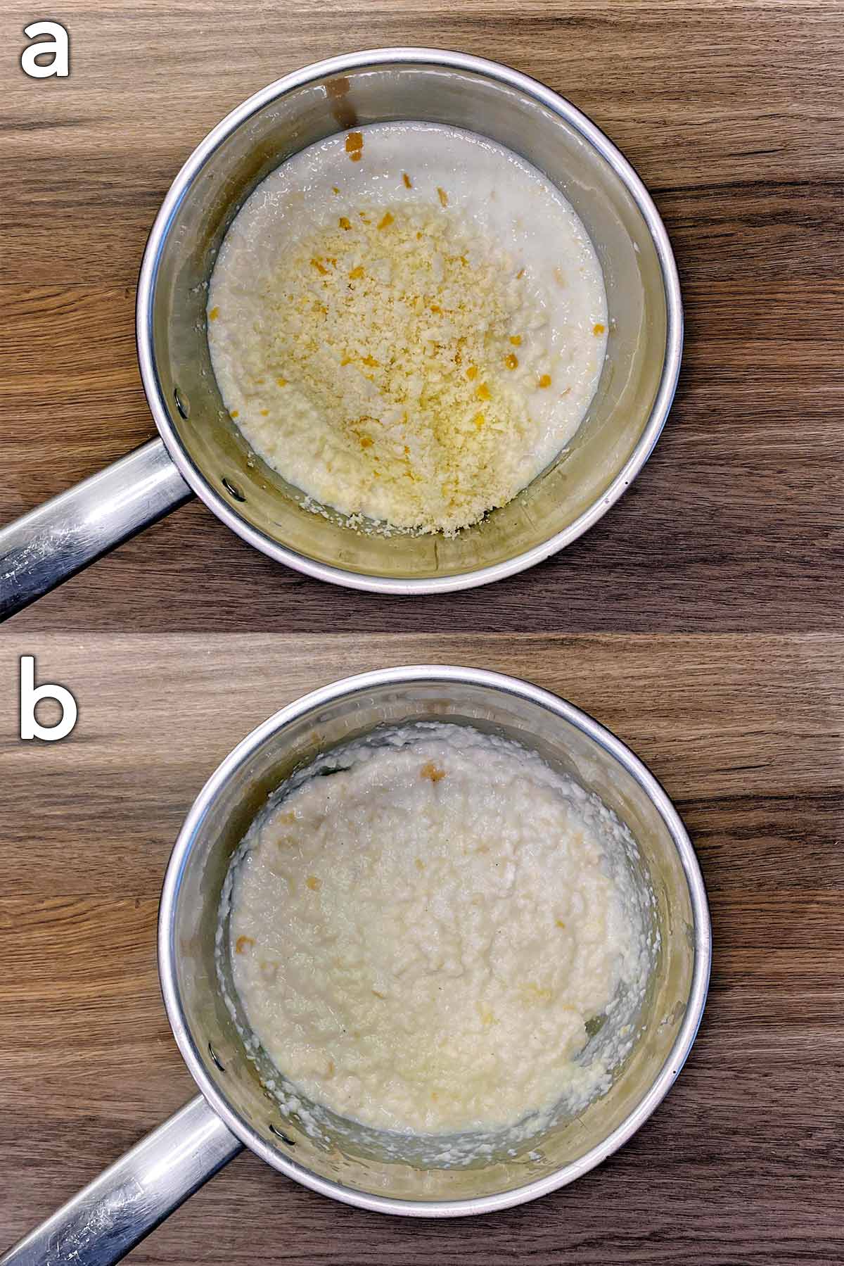 Two shot collage of breadcrumbs added to the milk, then mixed in.