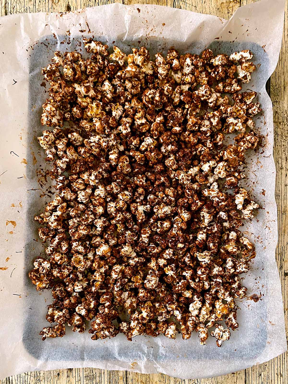 A tray od chocolate coated popcorn.