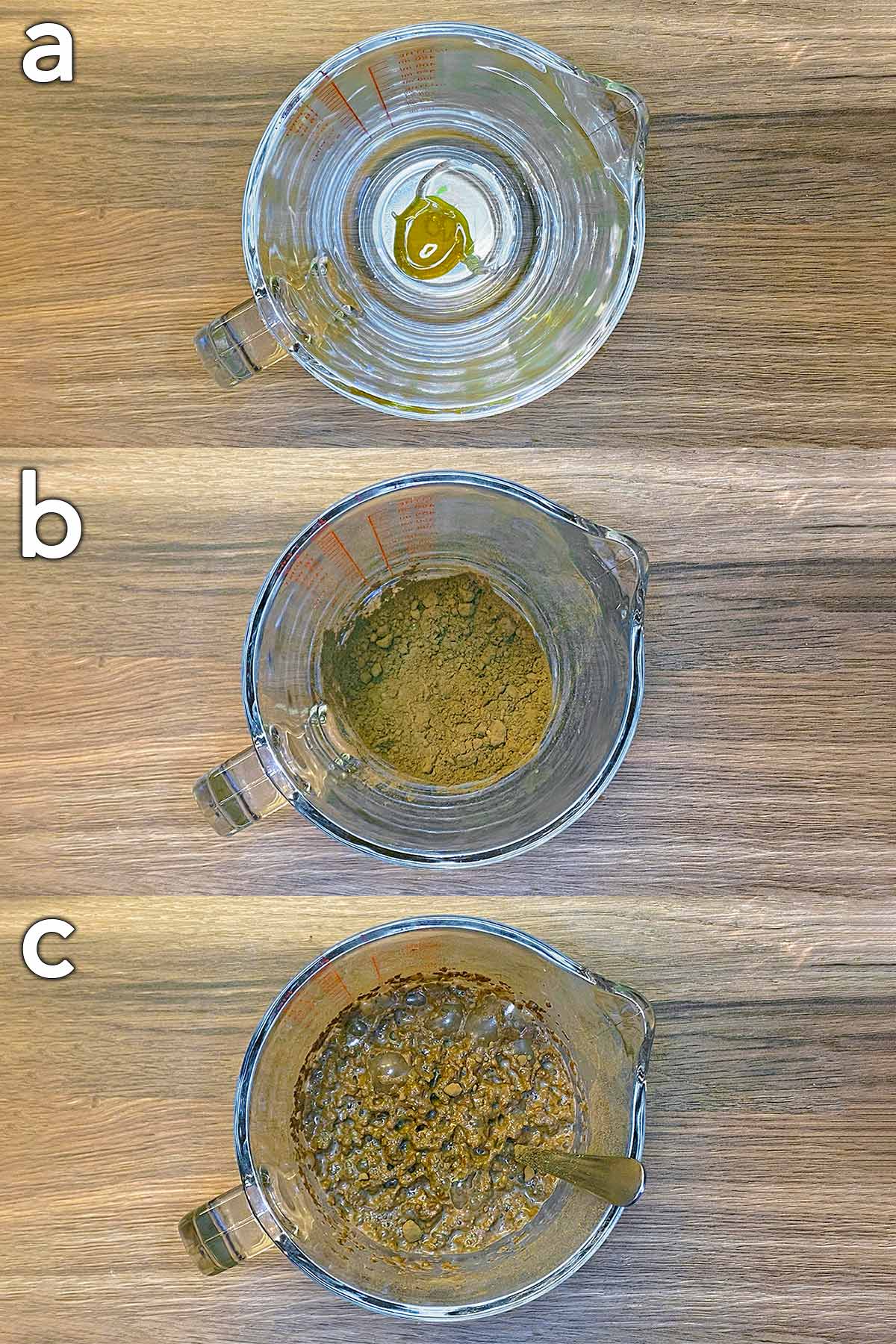 Three shot collage of a jug with honey and vanilla, then cocoa powder, then milk.