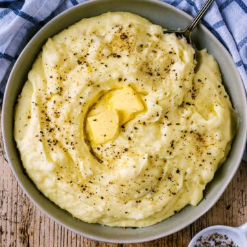 Make ahead mashed potatoes in a large round bowl.