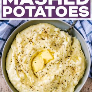 Make ahead mashed potatoes with a text title overlay.