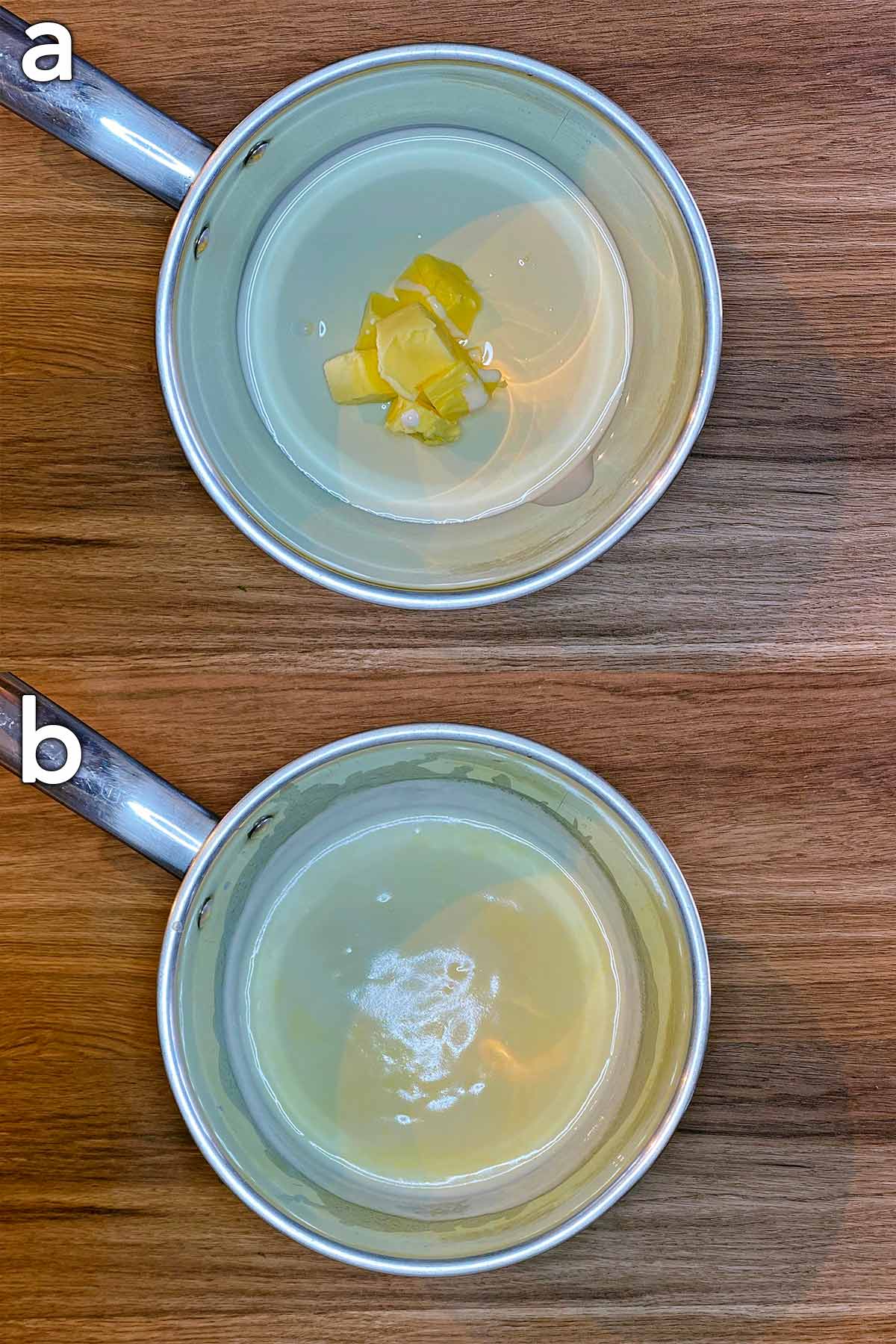 Two shot collage of cream and butter in a pan, before and after heating.