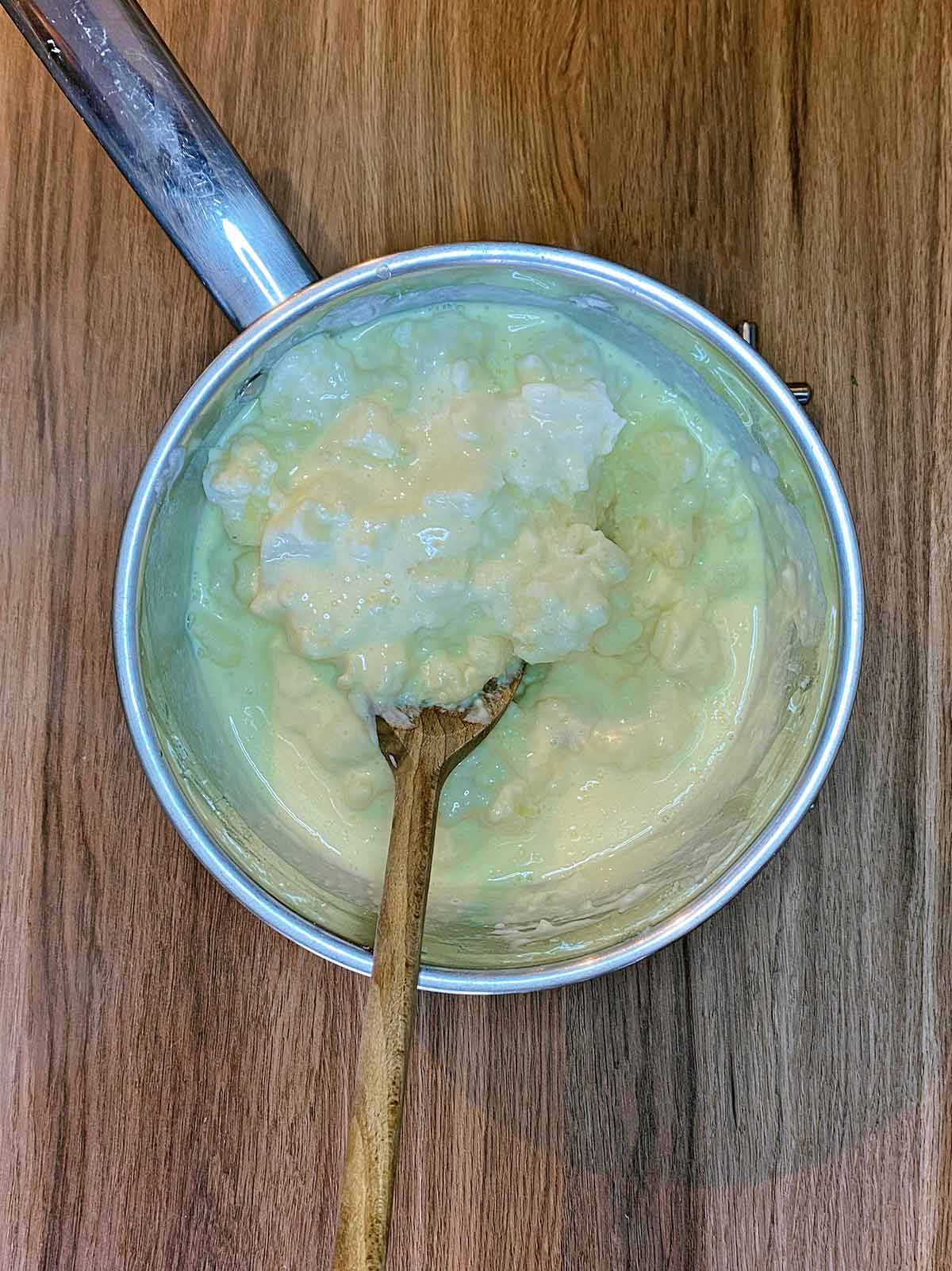 Mashed potatoes added to the cream and butter.