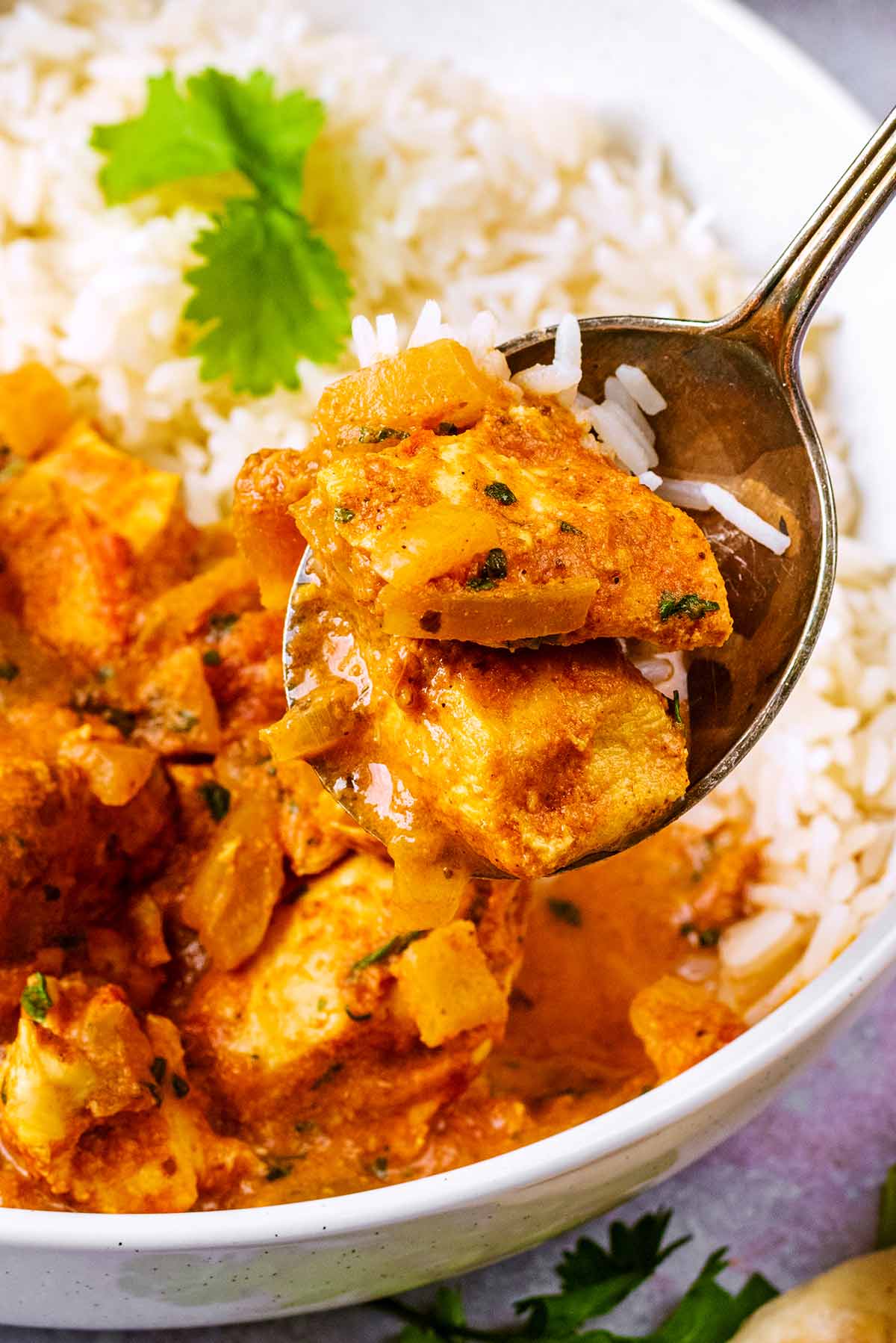 A spoon lifting a chunk of chicken from a tikka curry.