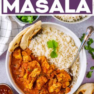 Slow cooker chicken tikka masala with a text title overlay.