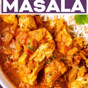 Slow cooker chicken tikka masala with a text title overlay.