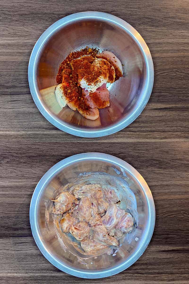 Two shot collage of chicken, yogurt and spices in a bowl, before and after mixing.