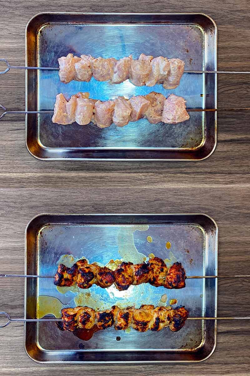 Two shot collage of chicken skewers on a baking tray, before and after cooking.
