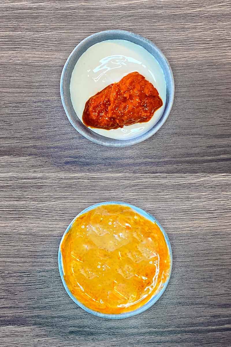 Two shot collage of yogurt and harissa in a bowl, before and after mixing.