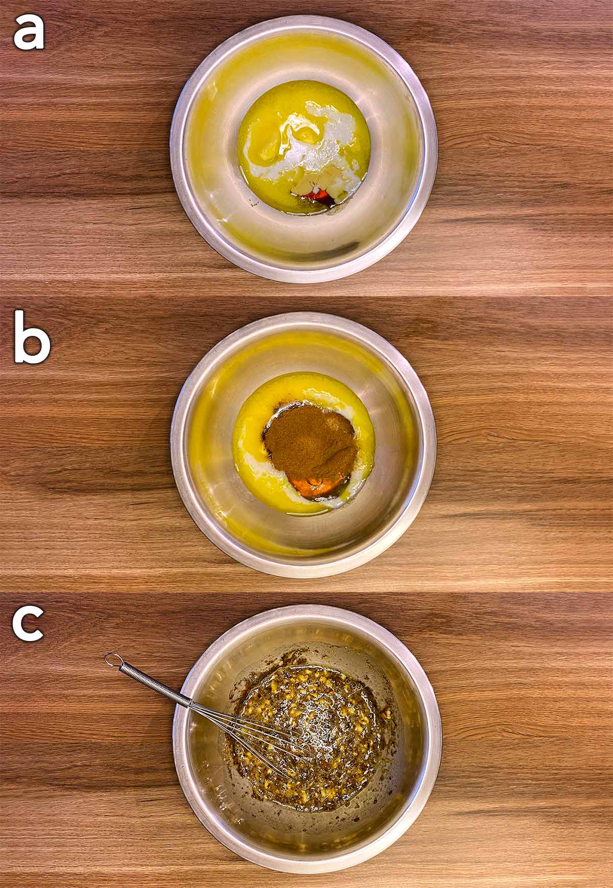 Three shot collage of egg, milk vanilla, maple syrup, butter and cinnamon in a bowl, then all mixed together.
