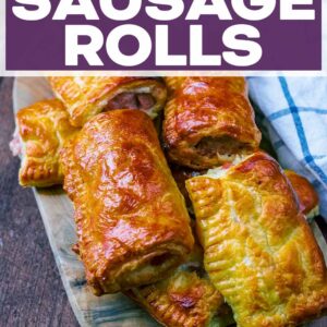Air fryer sausage rolls with a text title overlay.