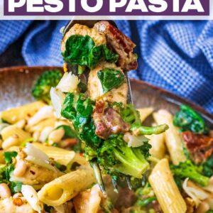Chicken pesto pasta with a text title overlay.