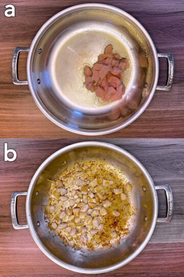 Two shot collage of diced chicken breast in a large pan, before and after cooking.