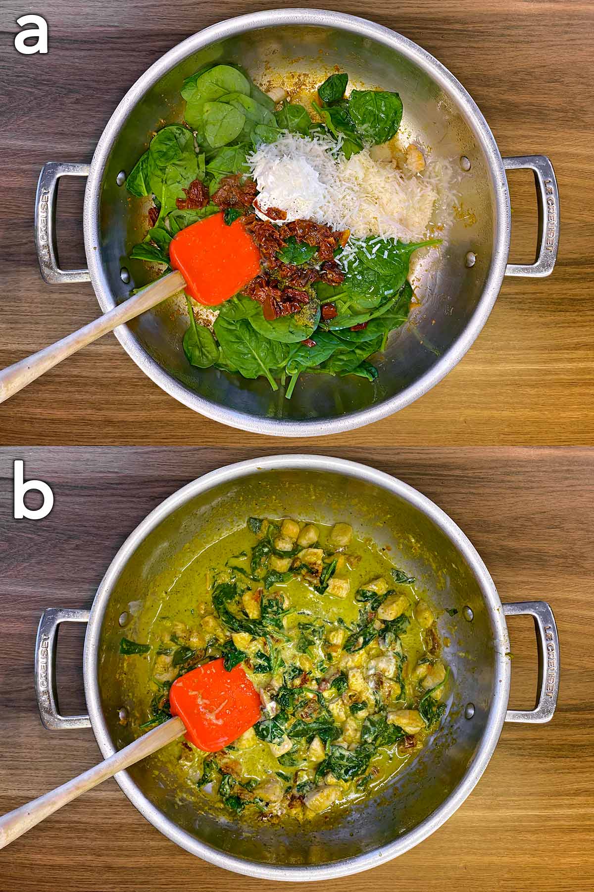 Two shot collage of spinach, tomatoes and cheese added to the chicken.