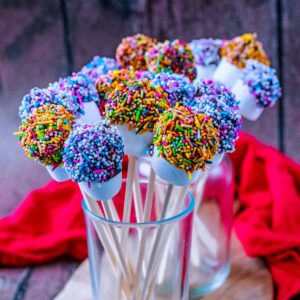 Chocolate Covered Marshmallows on sticks, arranged like a bunch of flowers.