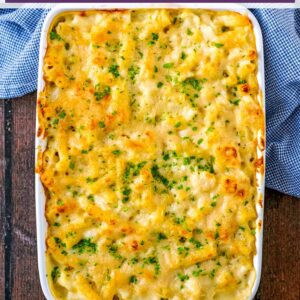 Cauliflower mac and cheese with a text title overlay.
