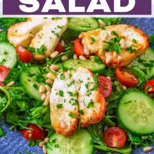 Halloumi salad with a text title overlay.