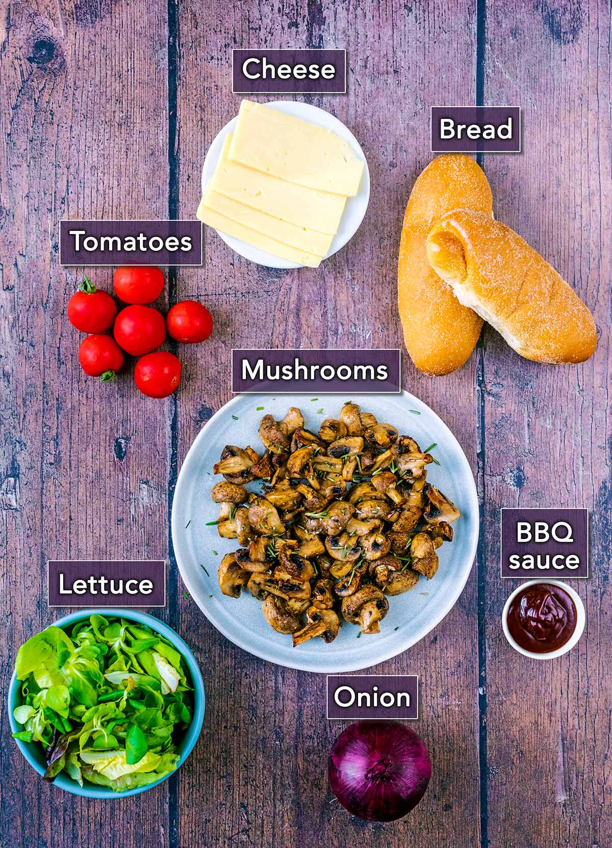 All the ingredients needed for this recipe with text overlay labels.