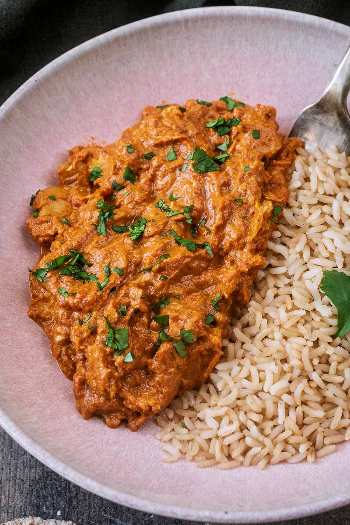 A serving of chicken curry and rice on a pink plate.