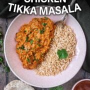 Slow cooker chicken tikka masala with a text overlay title.