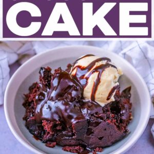 Slow cooker chocolate cake with a text title overlay.