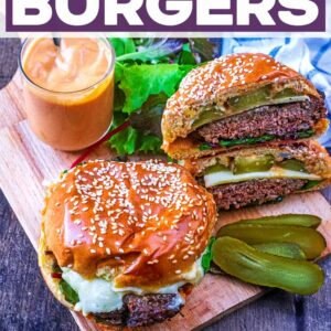 Air fryer burgers with a text title overlay.