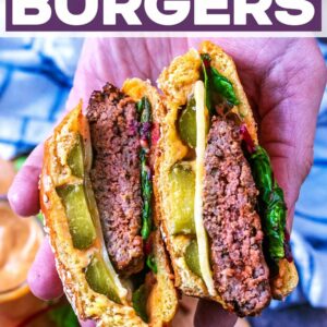 Air fryer burgers with a text title overlay.