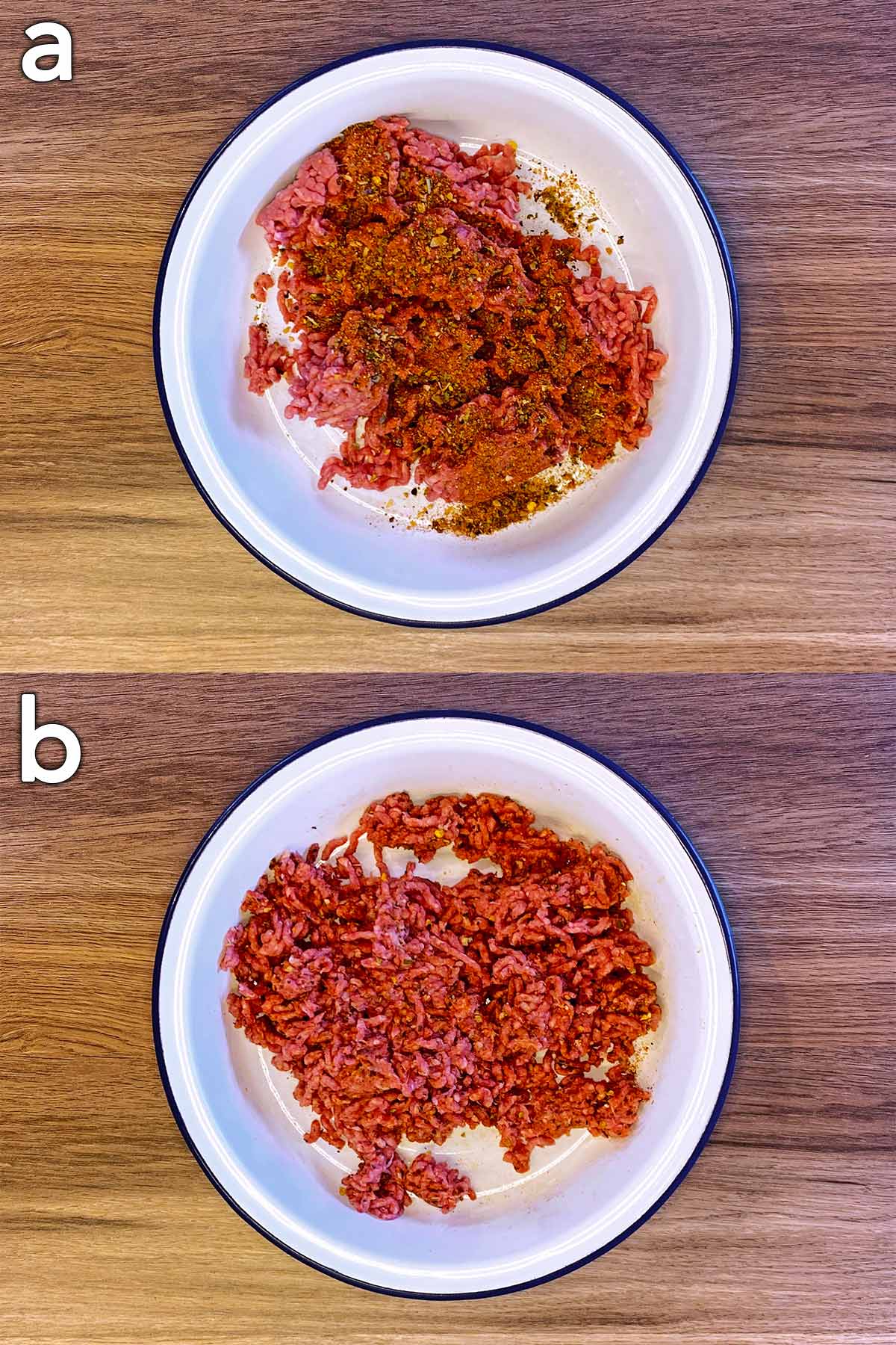 Two shot collage of beef mince and seasoning in a bowl, before and after mixing together.
