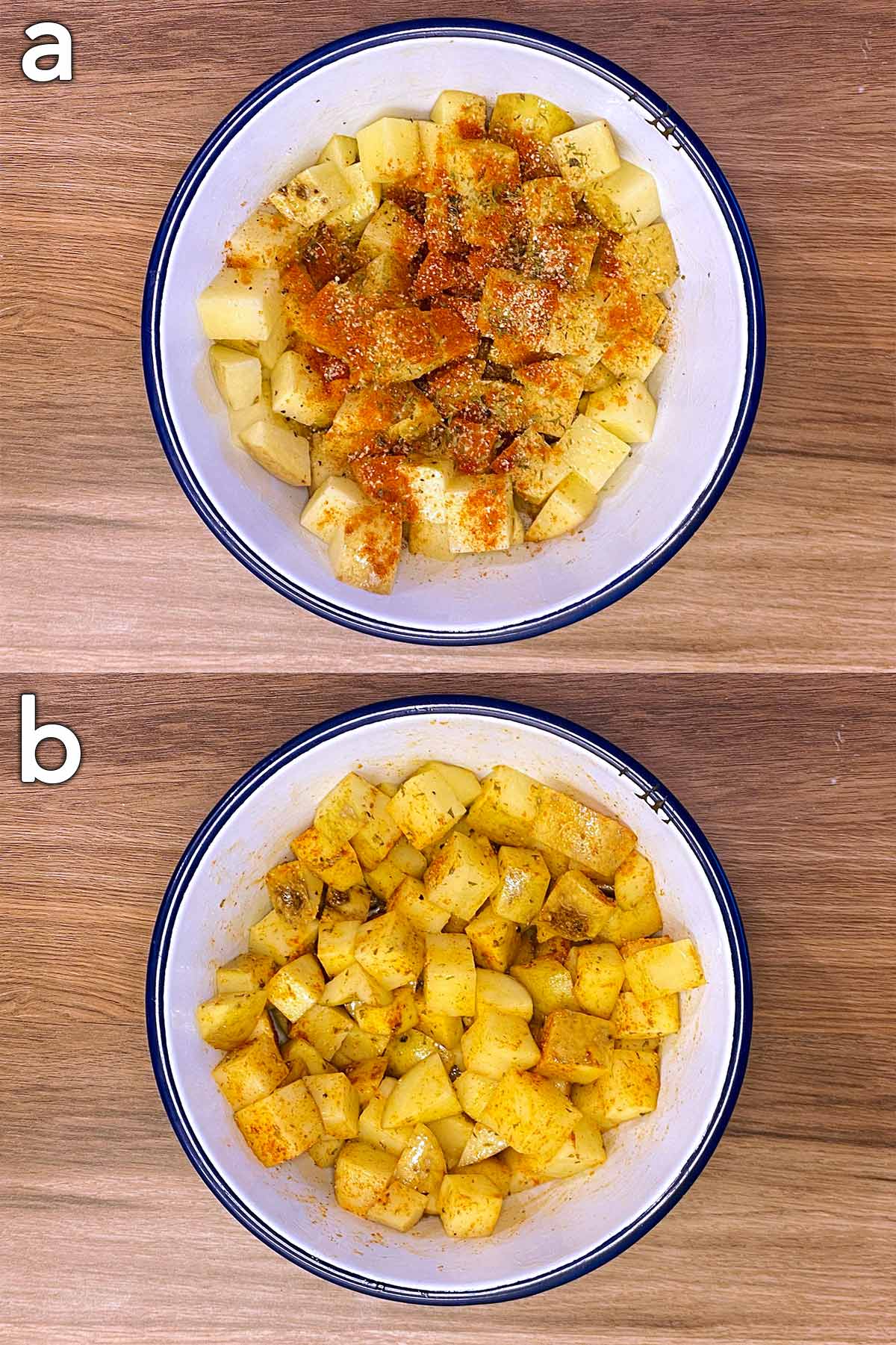 Two shot collage of diced potatoes and seasoning in a bowl, before and after mixing.