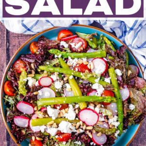 Asparagus salad with a text title overlay.