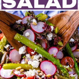 Asparagus salad with a text title overlay.