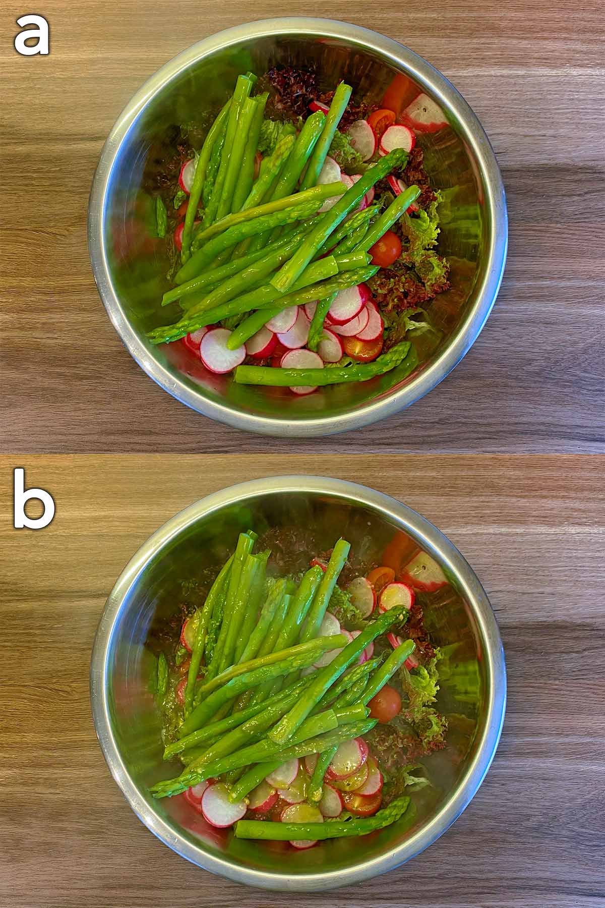 Two shot collage of salad and asparagus in a bowl, then with dressing over it.