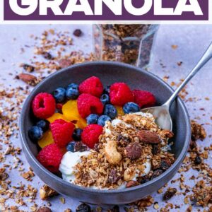 Low sugar granola with a text title overlay.