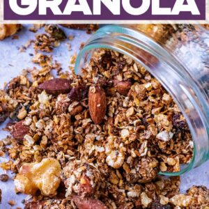 Low sugar granola with a text title overlay.