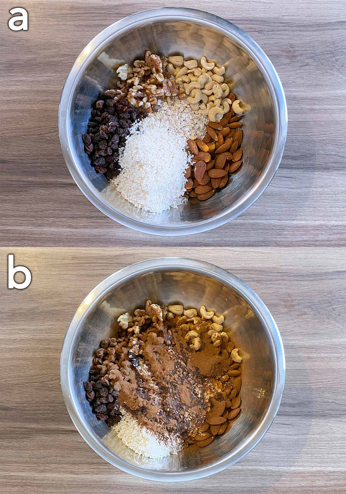Two shot granola of various granola ingredients going into a mixing bowl.