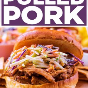 Slow cooker pulled pork with a text title overlay.