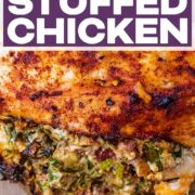 Air fryer stuffed chicken breast with a text title overlay.