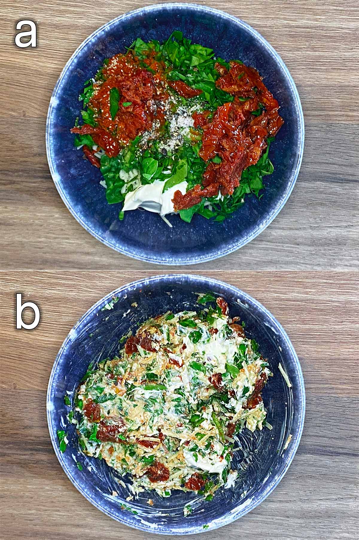 Two shot collage of cheese, spinach and chopped tomatoes in a bowl, before and after mixing.