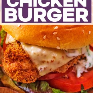 Baked chicken burger with a text title overlay.