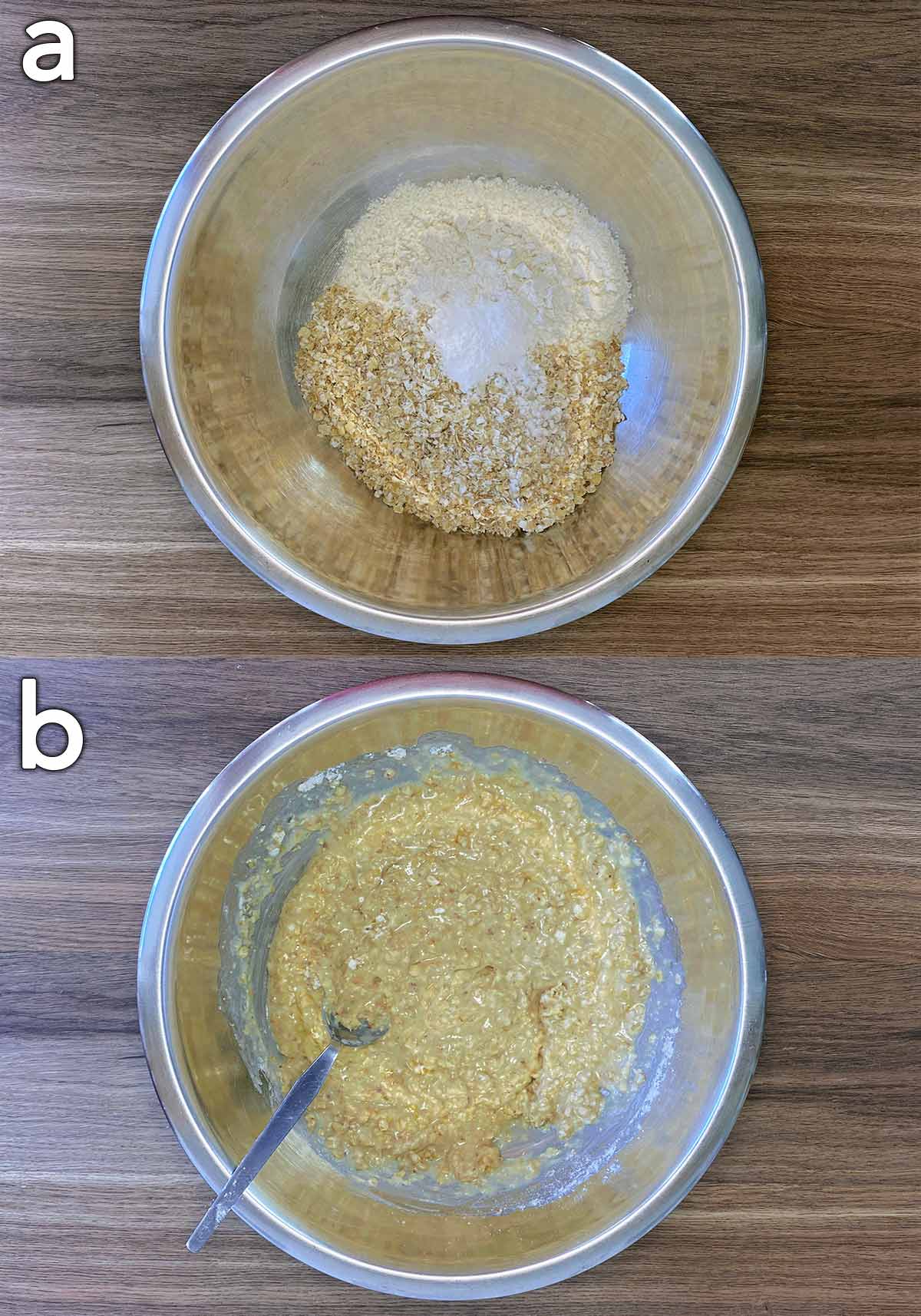 Two shot collage of flour and oats in a bowl, then mixed with milk and egg.