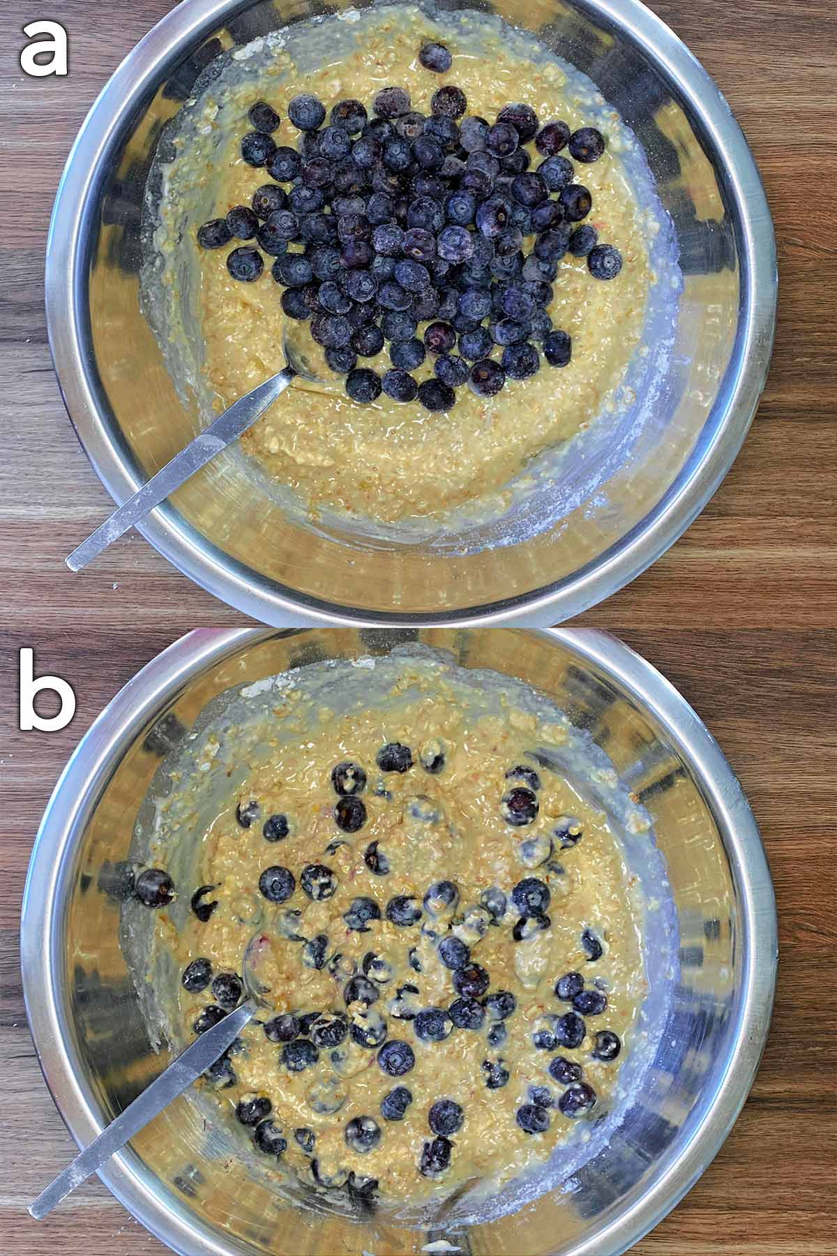 Two shot collage of blueberries added to the bowl, then mixed in.
