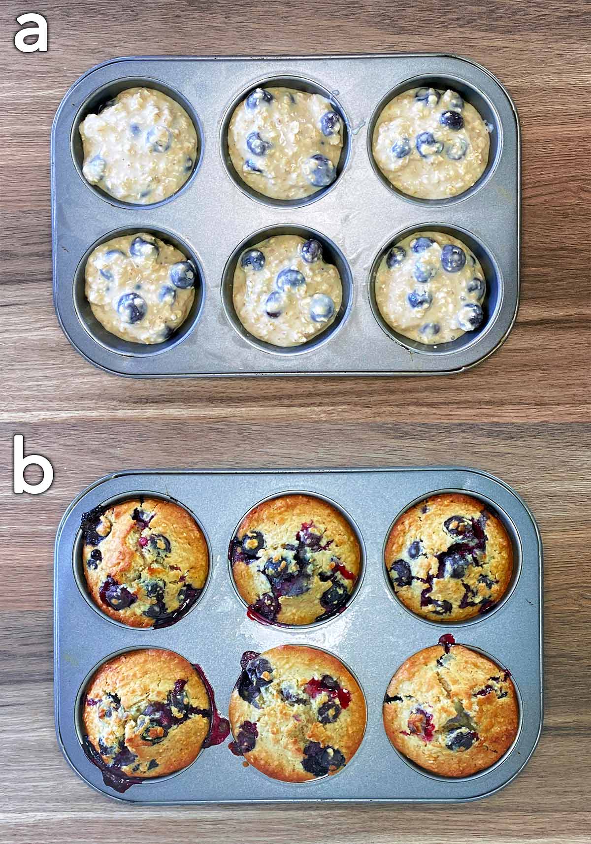 Two shot collage of muffin batter in a muffin tin, then cooked fuffins.