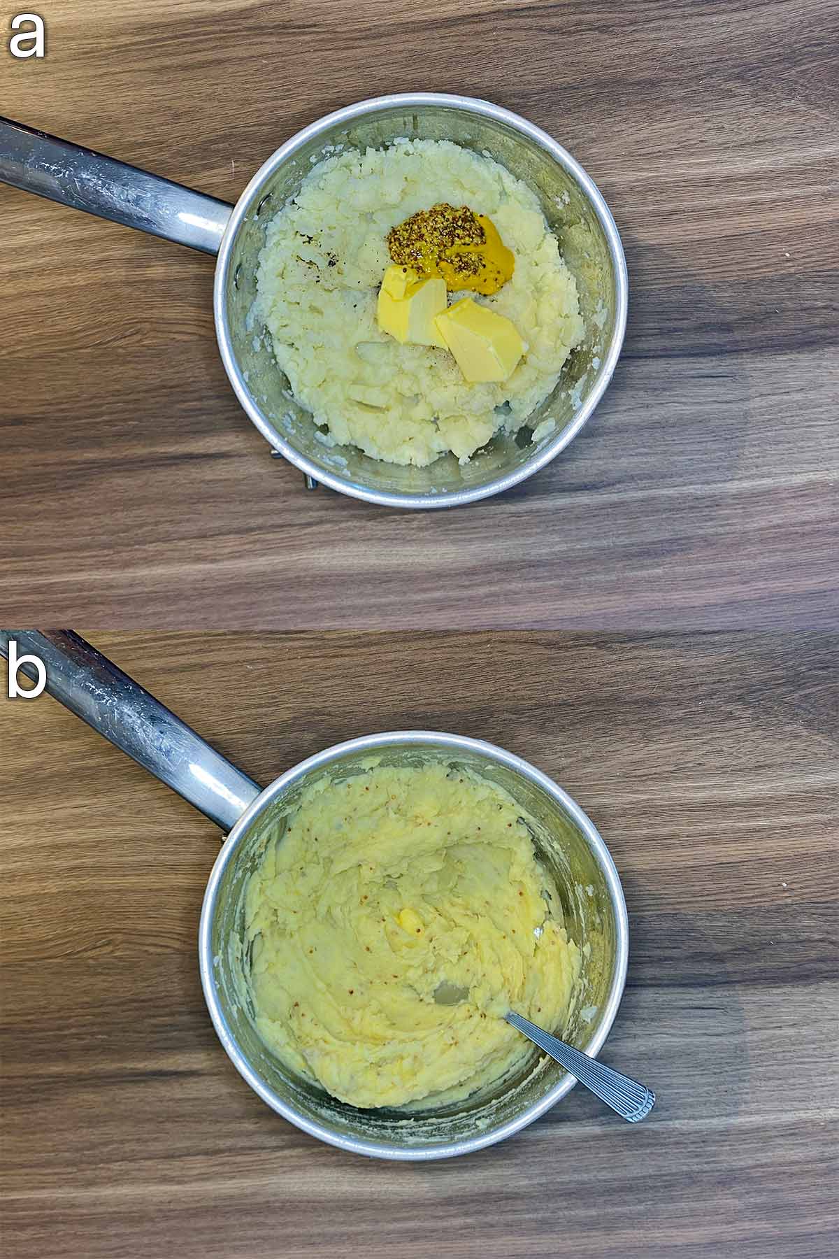 Two shot collage of butter, milk and mustard added, then all mixed together.