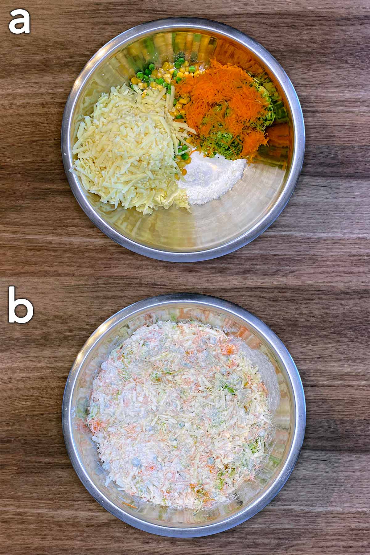 Two shot collage of a bowl containing flour, sweetcorn, peas and grated vegetables, before and after mixing.