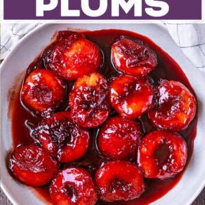 Stewed plums with a text title overlay.