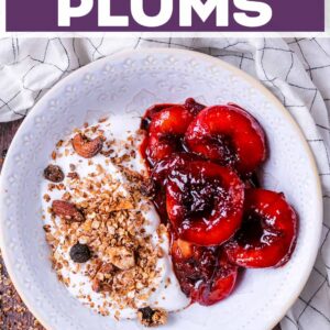 Stewed plums with a text title overlay.