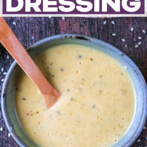 Tahini dressing with a text title overlay.