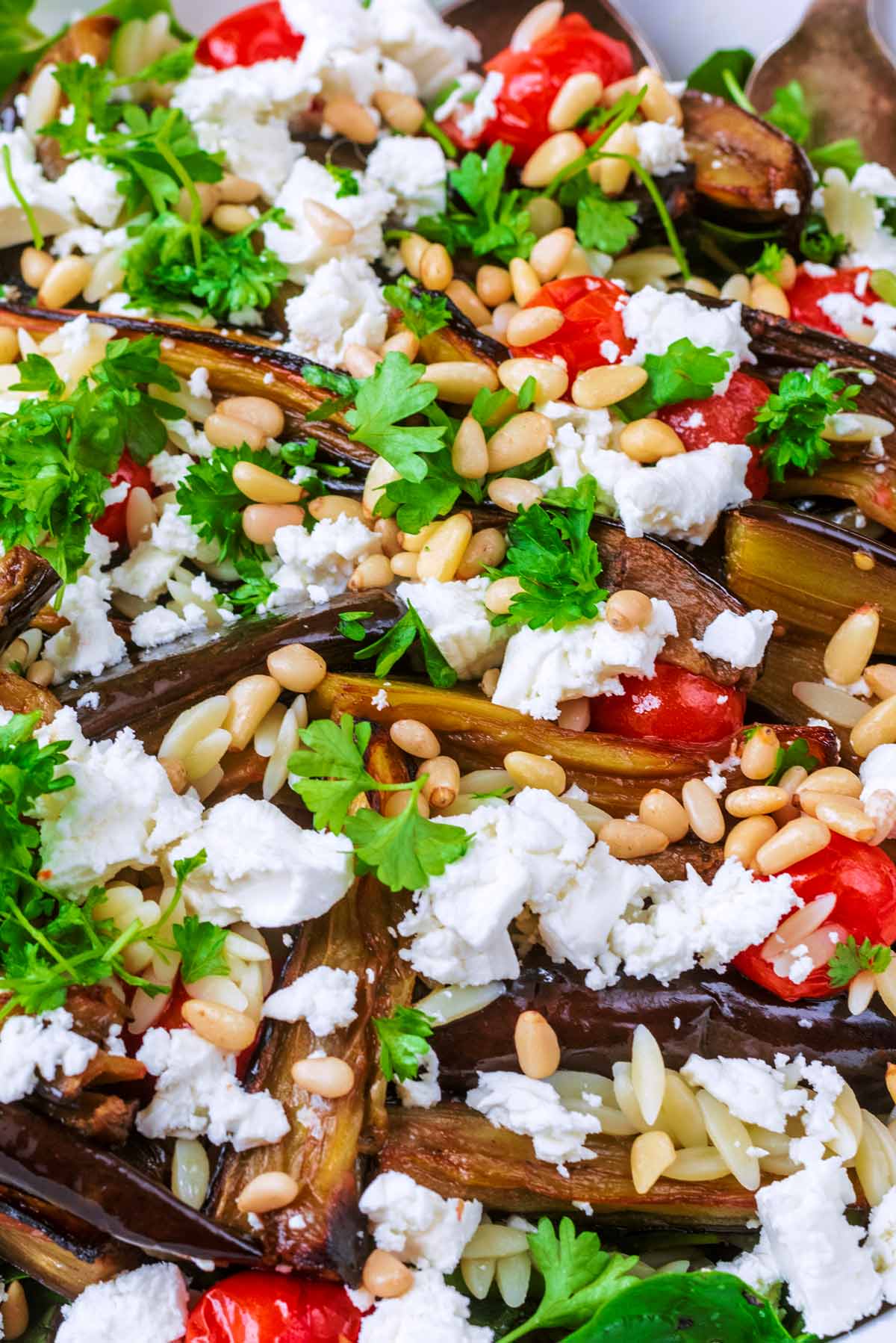 Roasted aubergines and tomatoes on top of salad leaves all topped with feta and parsley.