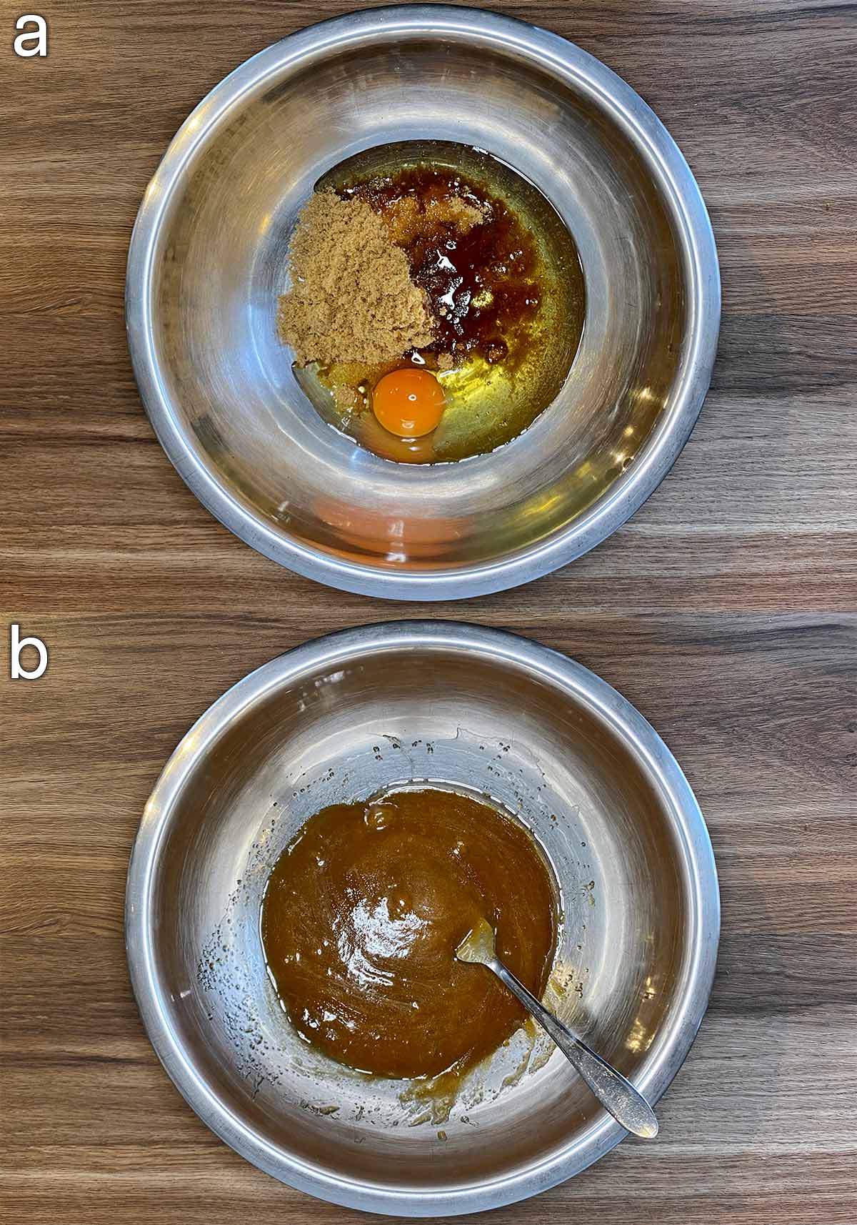 Two shot collage of egg, sugar and oil in a bowl, before and after mixing.